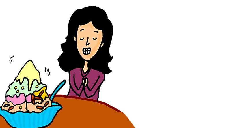Illustration of girl eating Ais Kacang