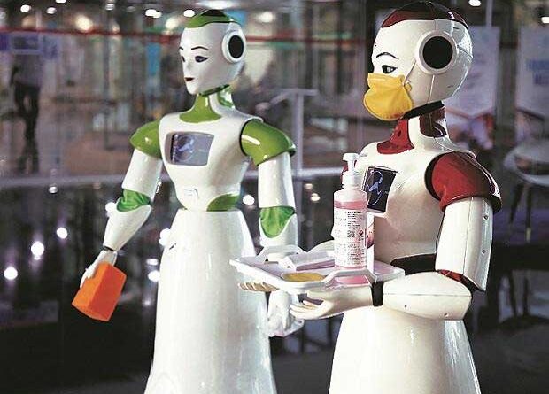 Sanitizer-dispensing robots by Asimov Robotics