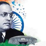 Babasaheb Ambedkar with Indian flag and Parliament in the background