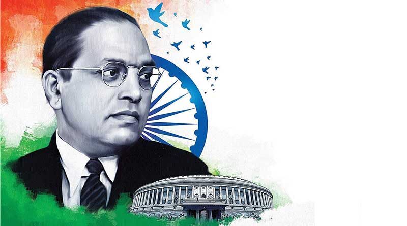 Babasaheb Ambedkar with Indian flag and Parliament in the background