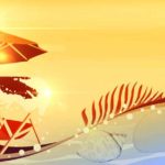 Illustration of beach chair and umbrella on beach during summer