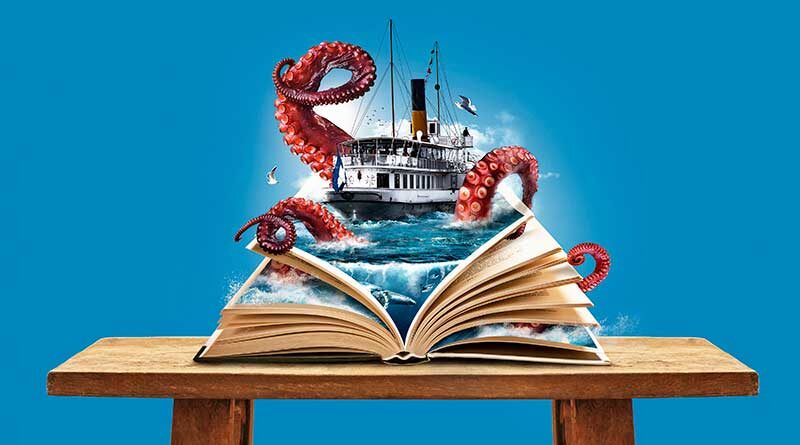 An open book with a ship and an octopus emerging from it