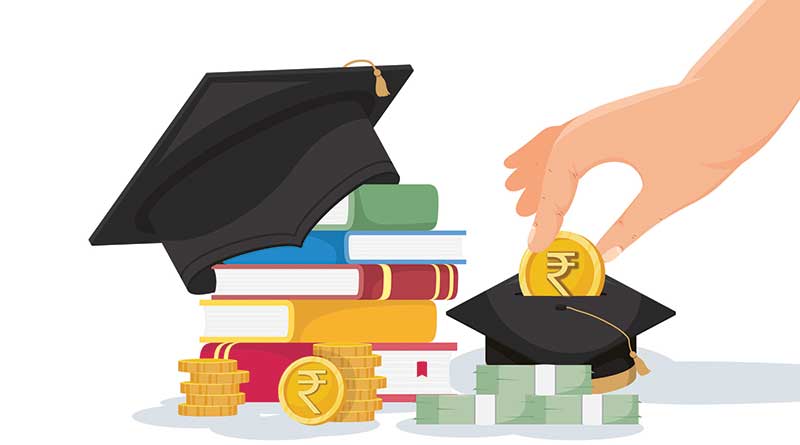 Graduation cap on books with hand placing indian rupees near it