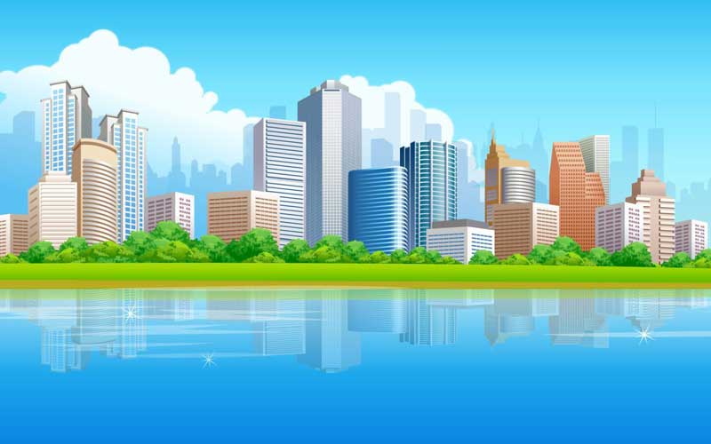 Buildings near a waterfront