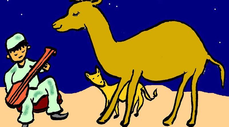 Illustration of a man playing the Morin Khurr to a camel