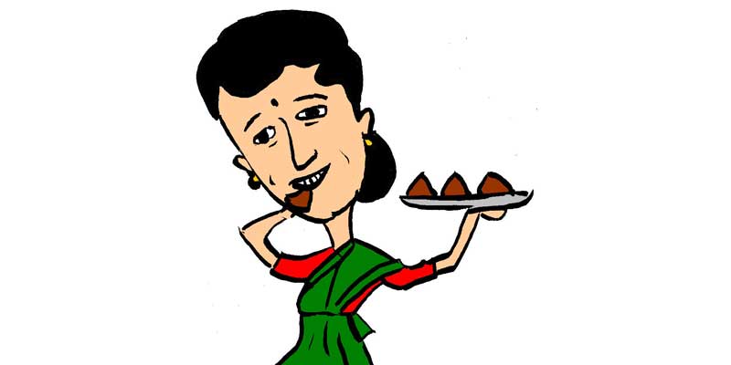 Illustration of woman eating choclocate samosas