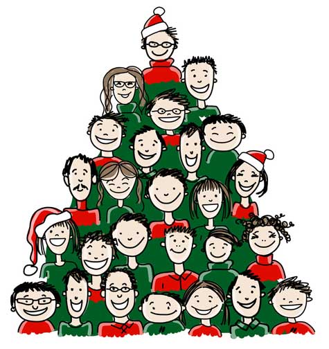 Cartoon people in the form of Christmas tree