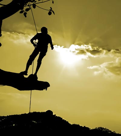Silhouette of male climber on tree