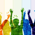Illustration of different coloured youth with hands raised