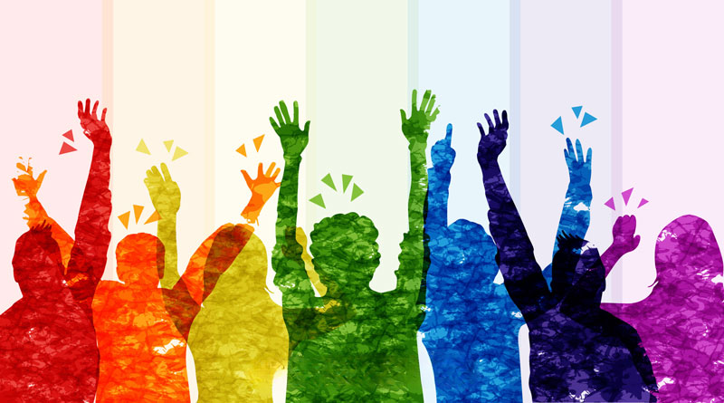 Illustration of different coloured youth with hands raised