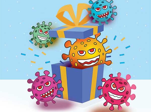 Illustration of Coronavirus jumping out of gift box
