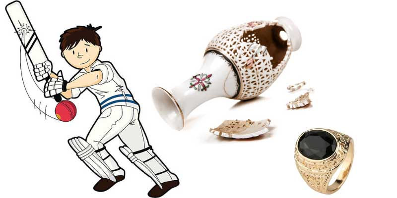Illustration of boy hitting ball with cricket bat near broken vase and a ring