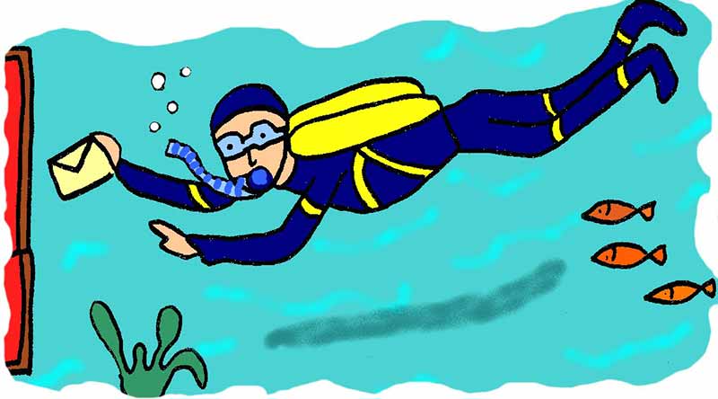 Illustration of diver delivering postal mail