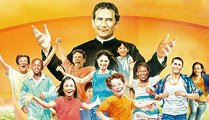 Illustration of Don Bosco with children