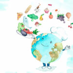 Cartoon illustration of earth with a chef's cap juggling different food items.