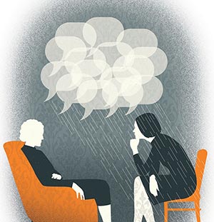 Illustration of young woman in conversation with older woman