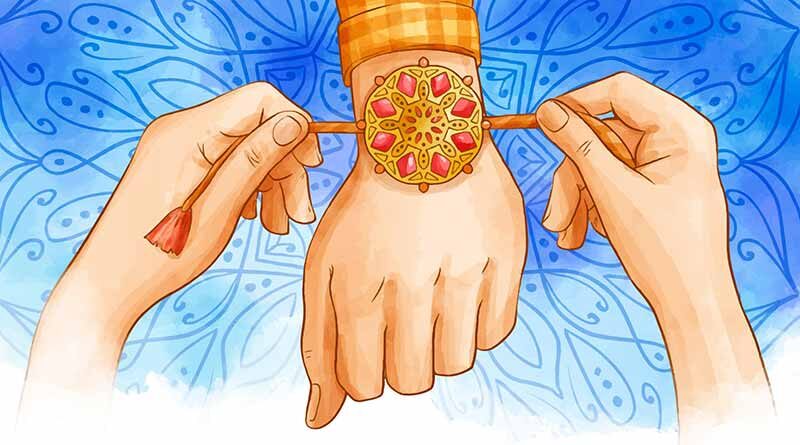 Female hand tying rakhi to male hand