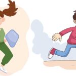 Illustration of girl with sword and boy running away