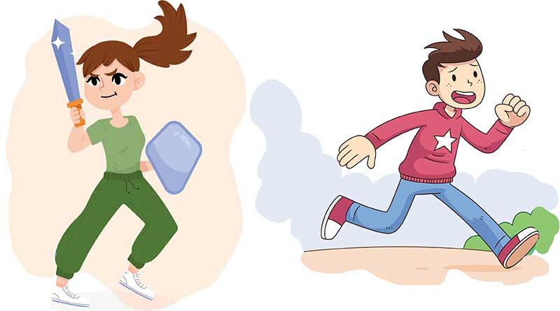 Illustration of girl with sword and boy running away