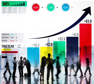 Silhouettes of people in front of financial management bar graph