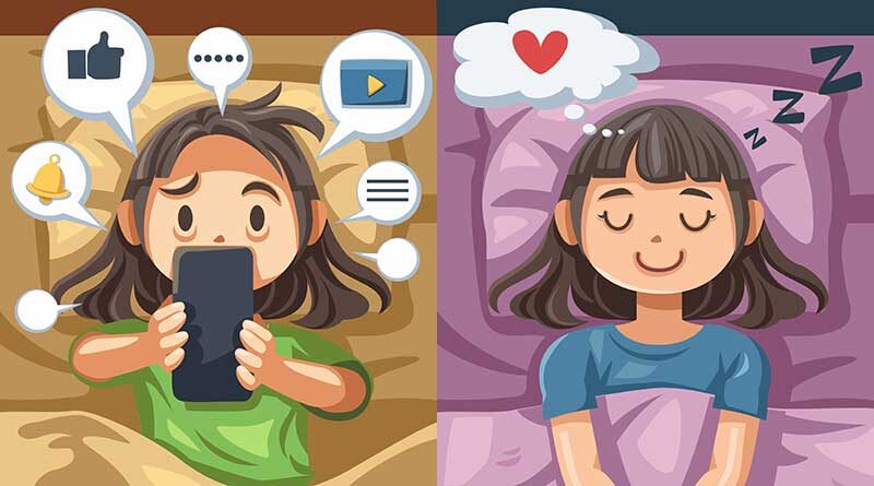 Cartoon illustration of young girls under FOMO and JOMO