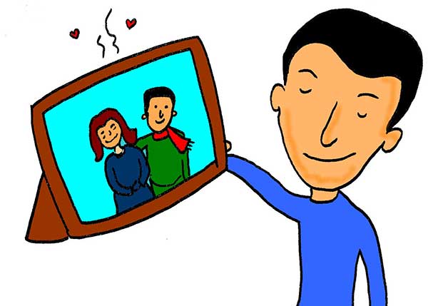 Illustration of man smelling a fragrant photo frame