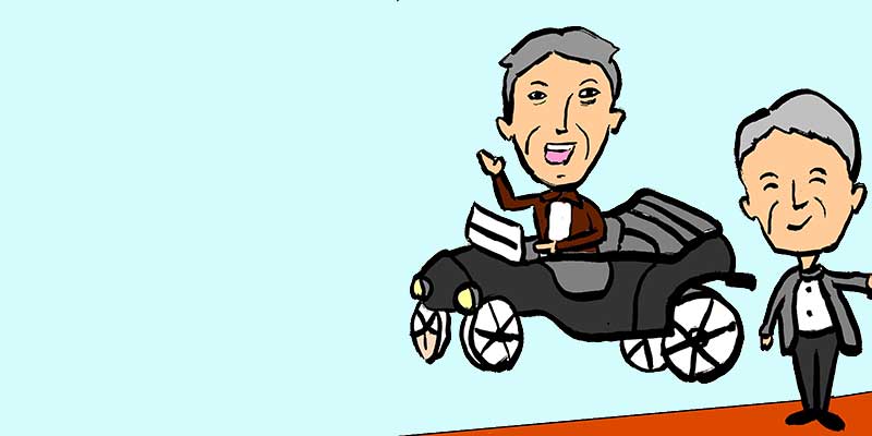 Illustration of Henry Ford standing beside a Ford Model A driven by Thomas Edison