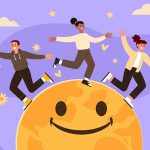 Illustration of happy youngsters dancing atop a smiley face world