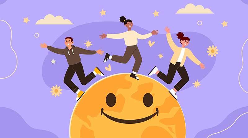 Illustration of happy youngsters dancing atop a smiley face world