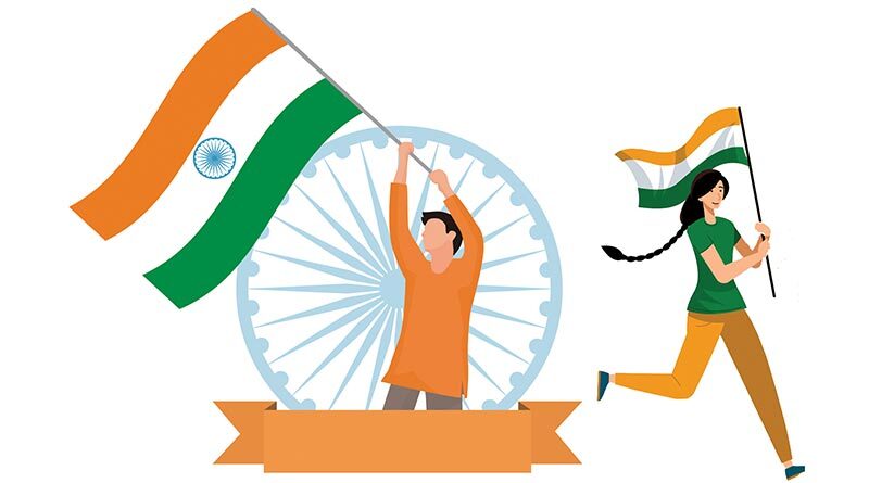 Teen boy and girl waving flag