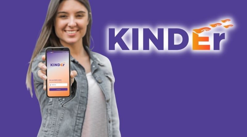 Young woman holding out smartphone with kinder app open on-screen