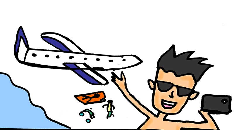 Illustration of boy taking a selfie with a plane flying overhead