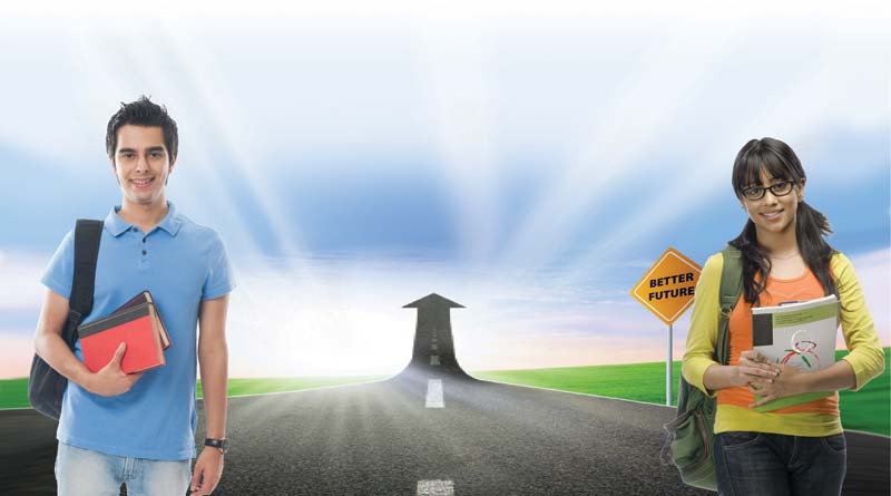 Male and female student standing on a path towards a better future
