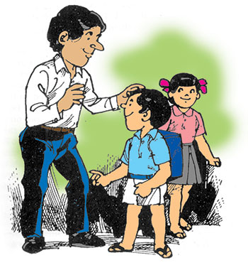 Illustration of male teacher with a male and female student
