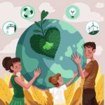 Man, woman and child hugging earth