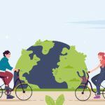 Illustration of man and woman cycling with a green earth in the background