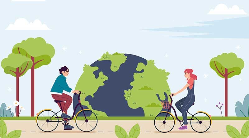 Illustration of man and woman cycling with a green earth in the background