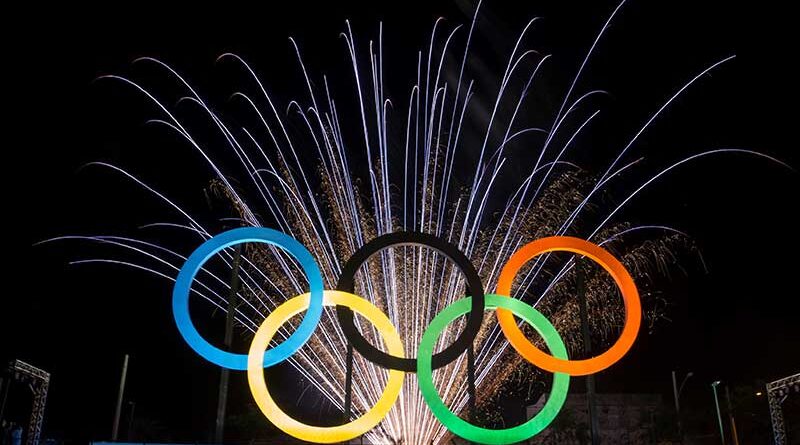 Olympic Rings with fireworks