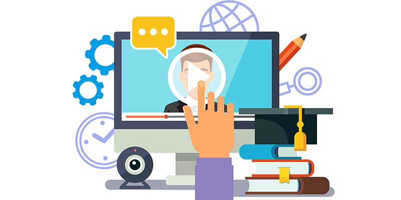 Online education with hand touching screen with lecture media