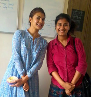 Pallavi with actress Jacqueline Fernandez whom she has taught Hindi to.