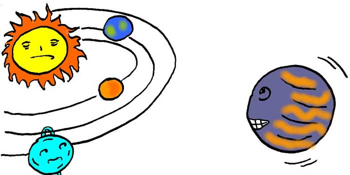 Illustration of a planet drifting outside a star system