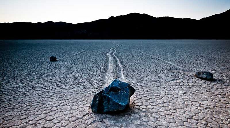 Rocks moving over Racetrack Playa lakebed in California