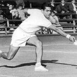 Ramanathan Krishnan plays a backhand shot during a tennis match
