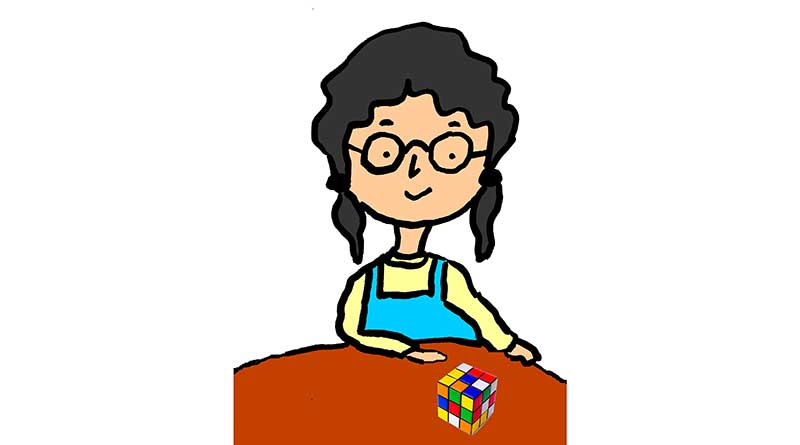 Illustration of young girl playing with a Rubik's cube.