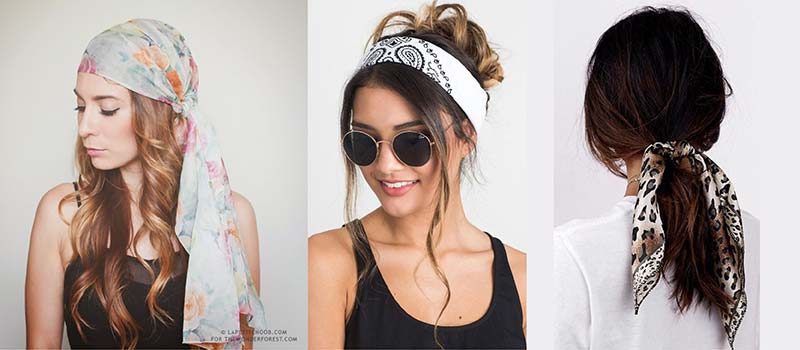 Models wearing scarves as a bandana, headband and ponytail tie