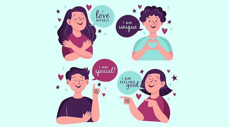 Illustrations of young people with self-affirmation quotes