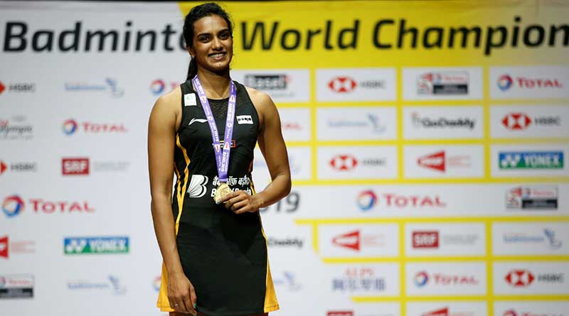 Sindhu with her gold medal at the Badminton World Championships