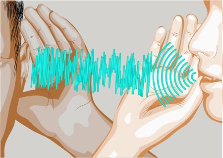 Silhouettes speaking and listening with sound waves in between