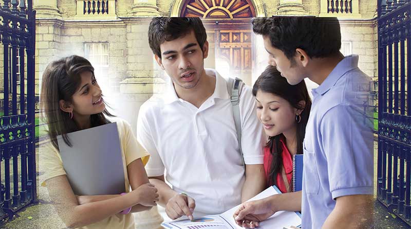 Group of students discussing studies in college