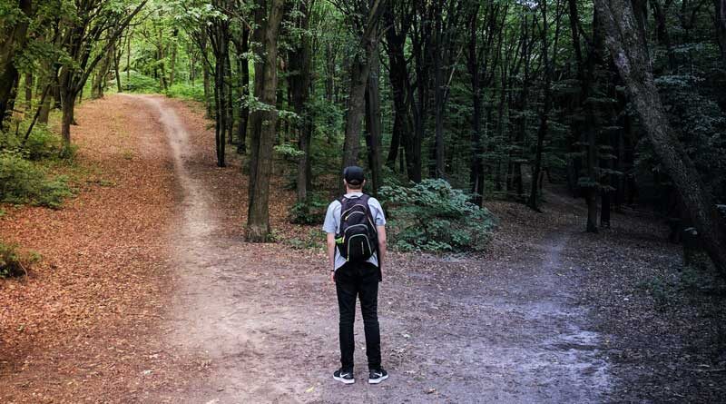 Male student standing in front of two paths